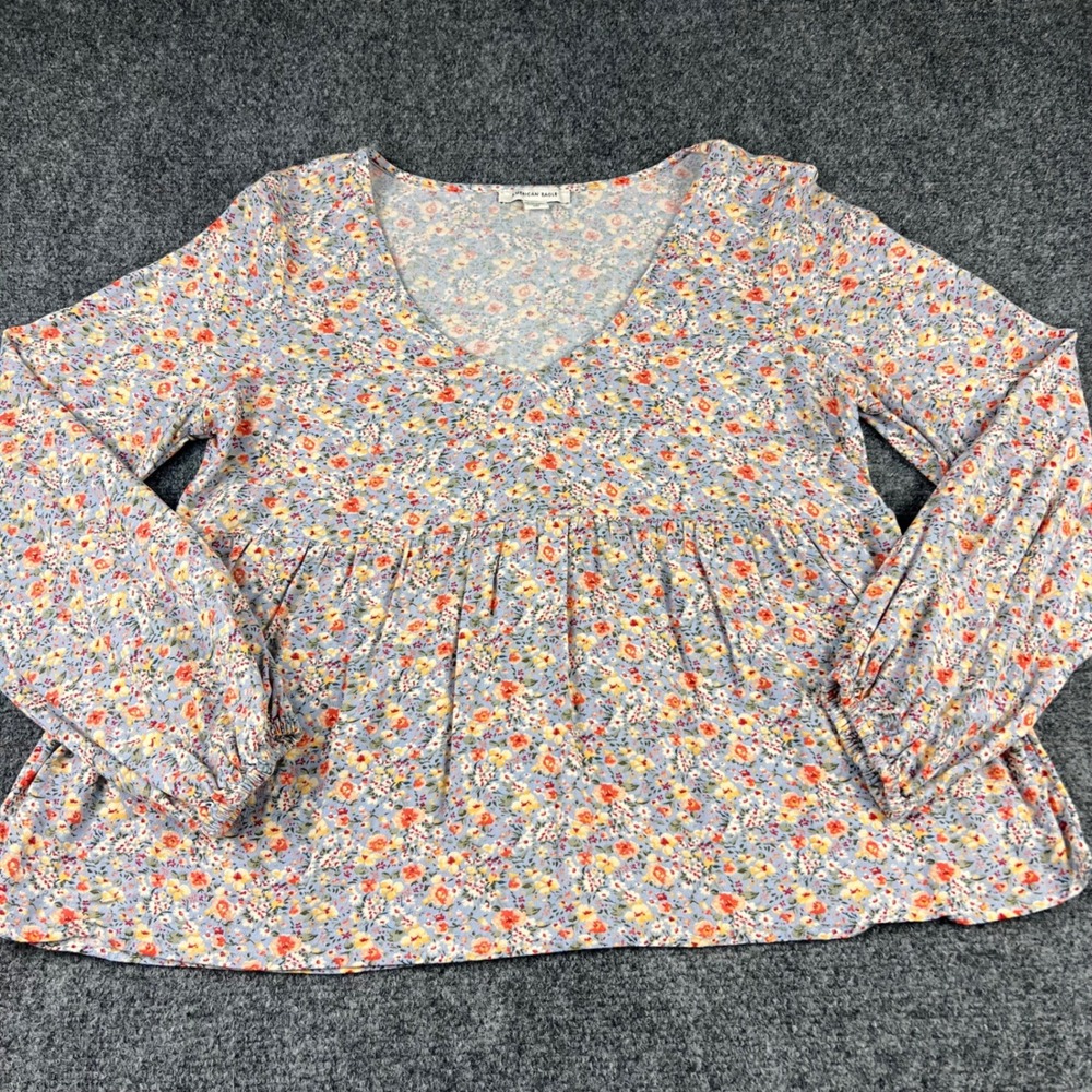 American Eagle Floral Babydoll Blouse Blue Orange V-Neck Long Sleeve XS